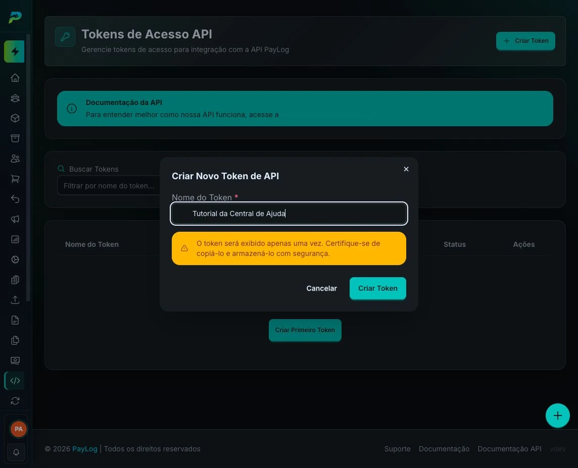 Modal para criar um token de API