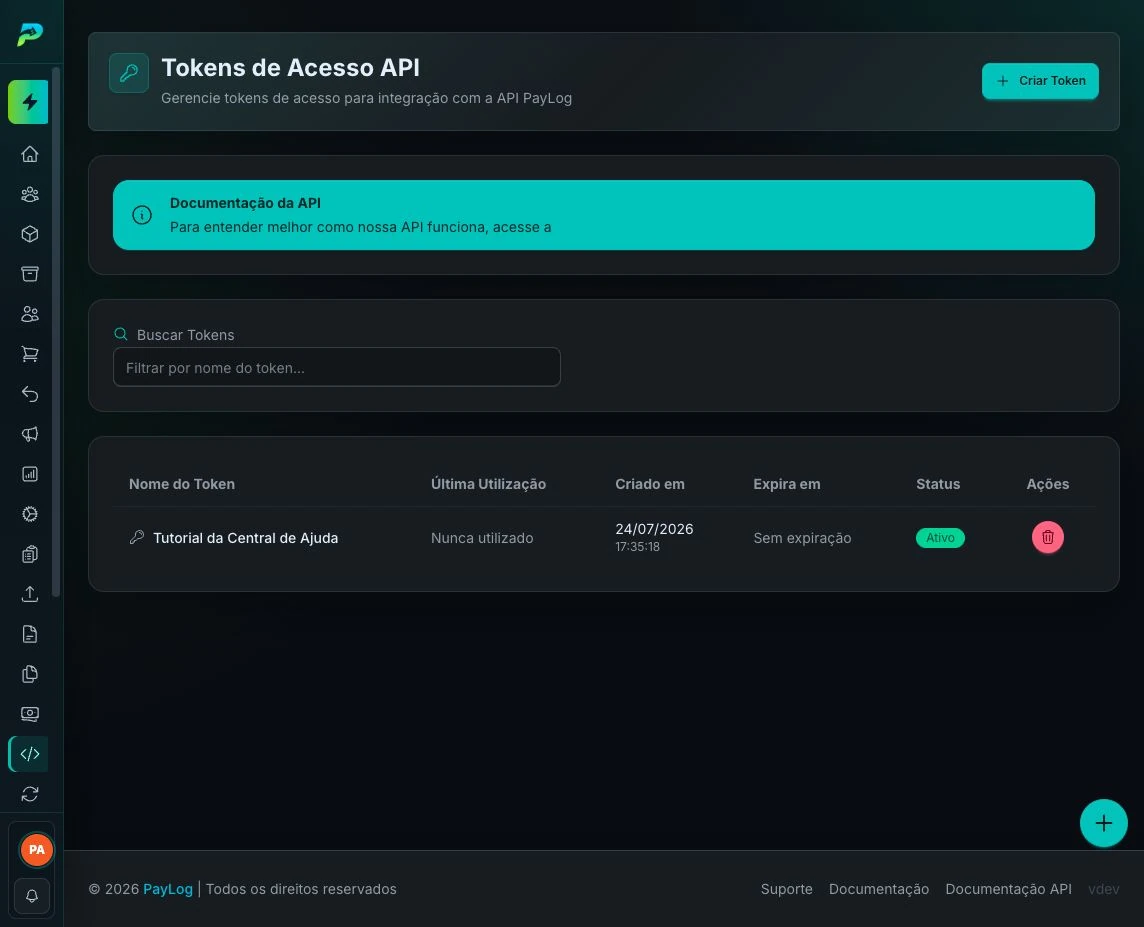 Lista de tokens ativos e ação de exclusão