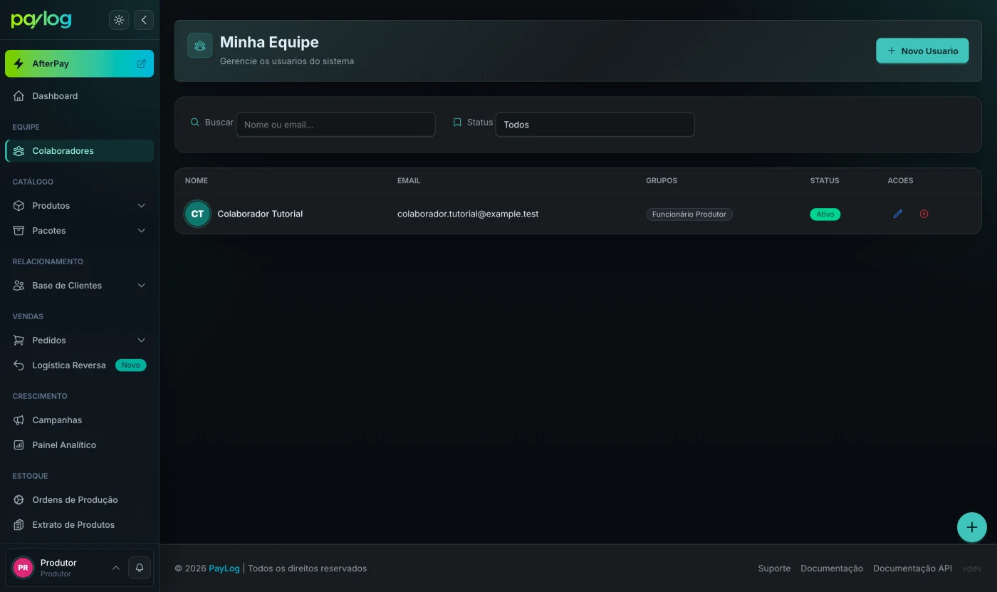 Menu Equipe com o item Colaboradores aberto na lista da equipe