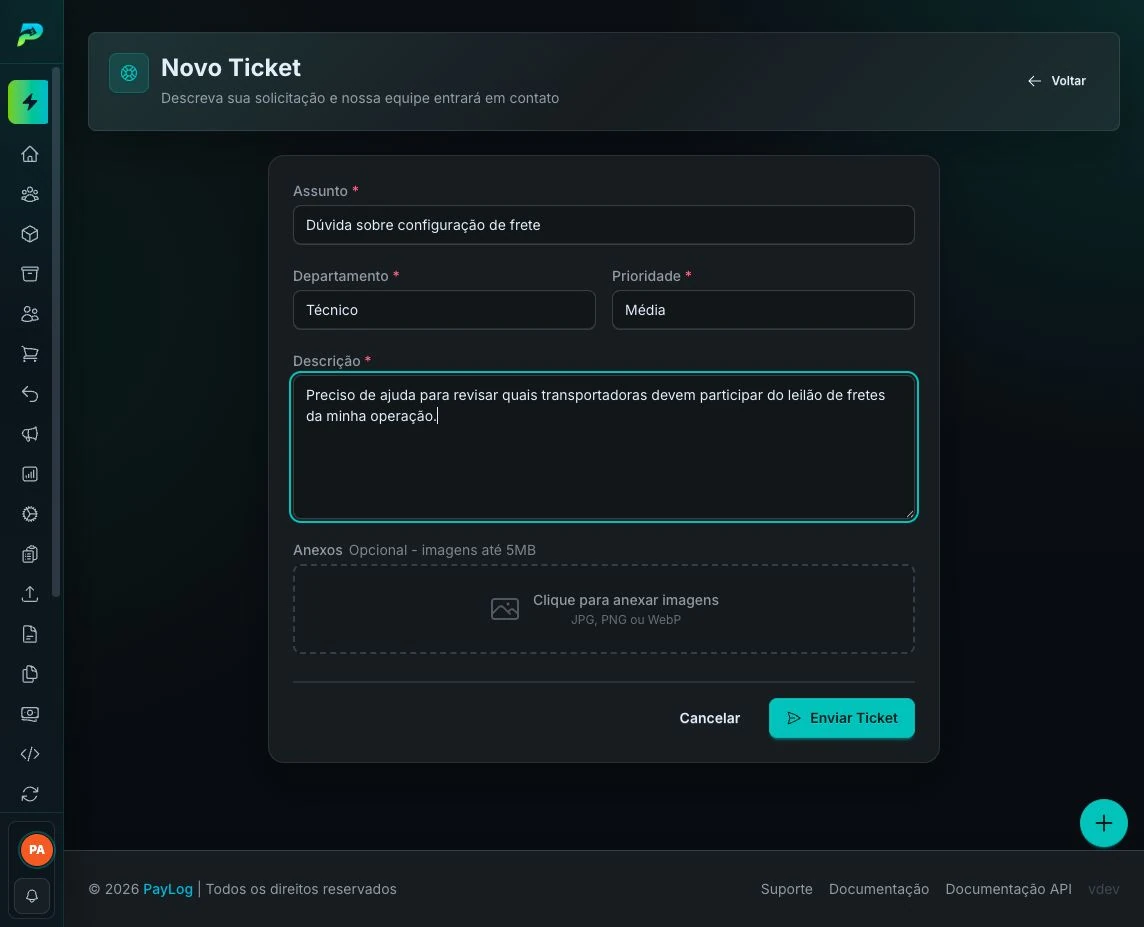 Formulário preenchido para abrir um ticket