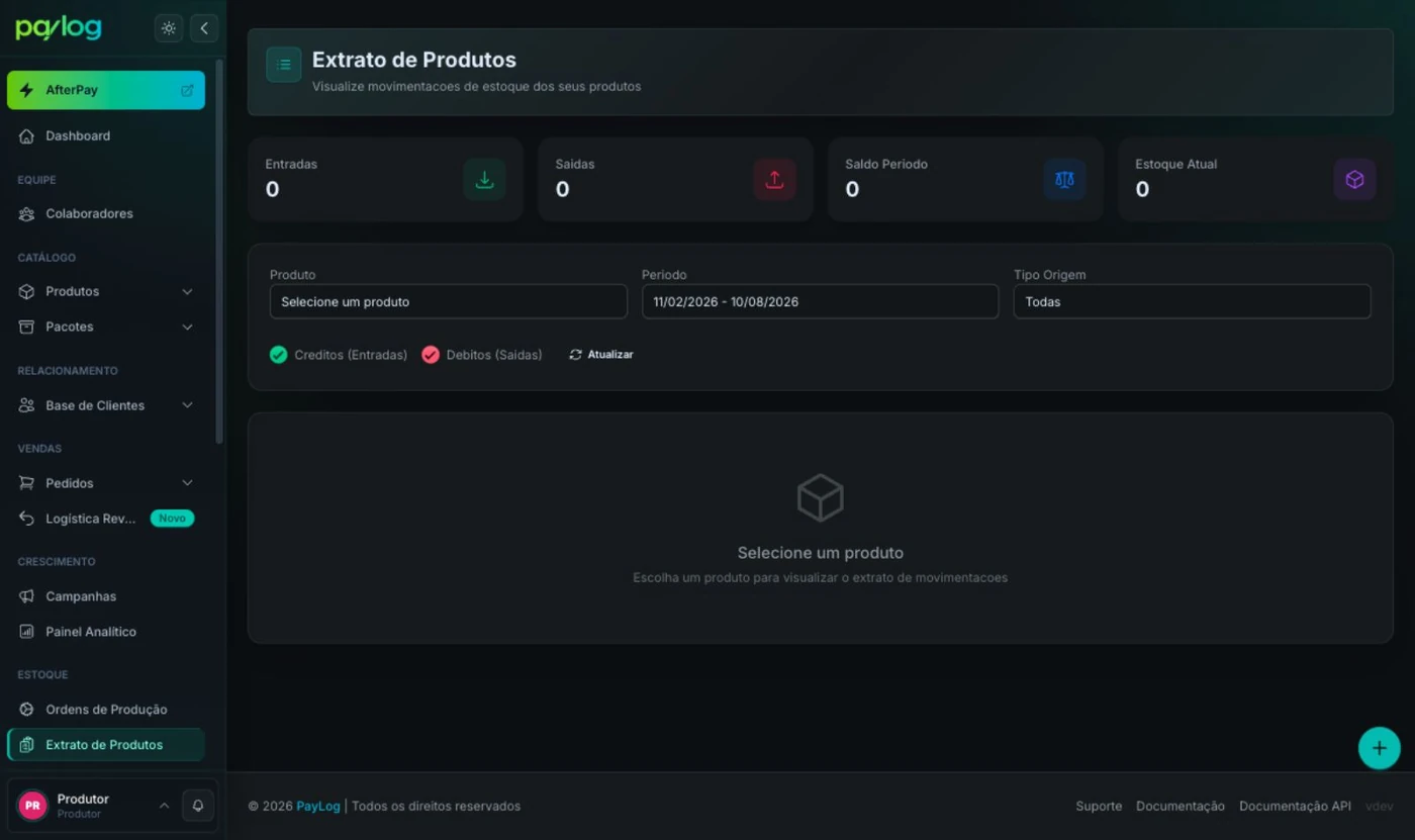 Tela do Extrato de Produtos sem produto selecionado