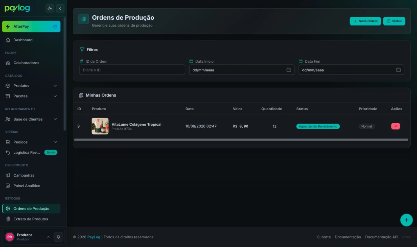 Lista de ordens de produção com filtros e uma ordem cadastrada