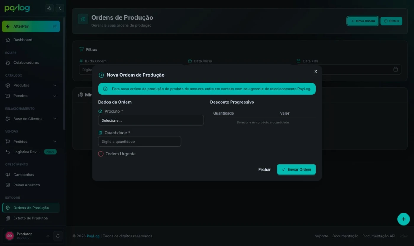 Janela Nova Ordem de Produção com os campos Produto, Quantidade e Ordem Urgente