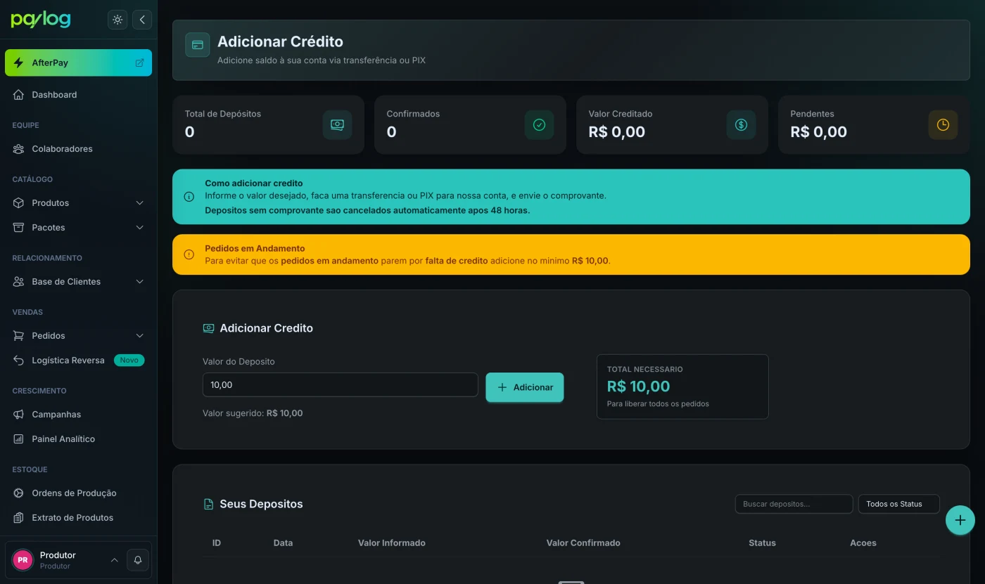 Tela de adicionar crédito com o resumo de depósitos e o valor necessário