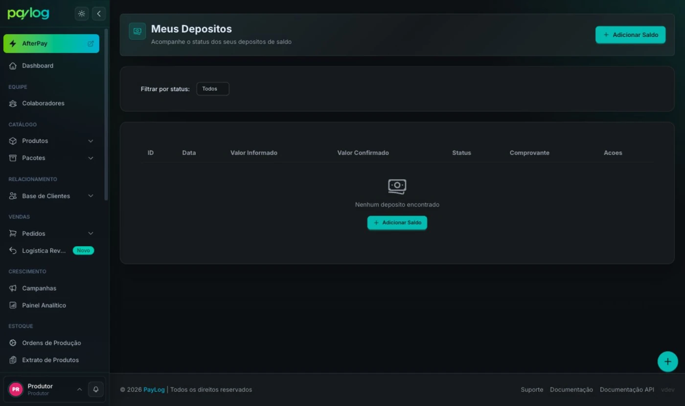 Lista Meus Depósitos com filtro por status