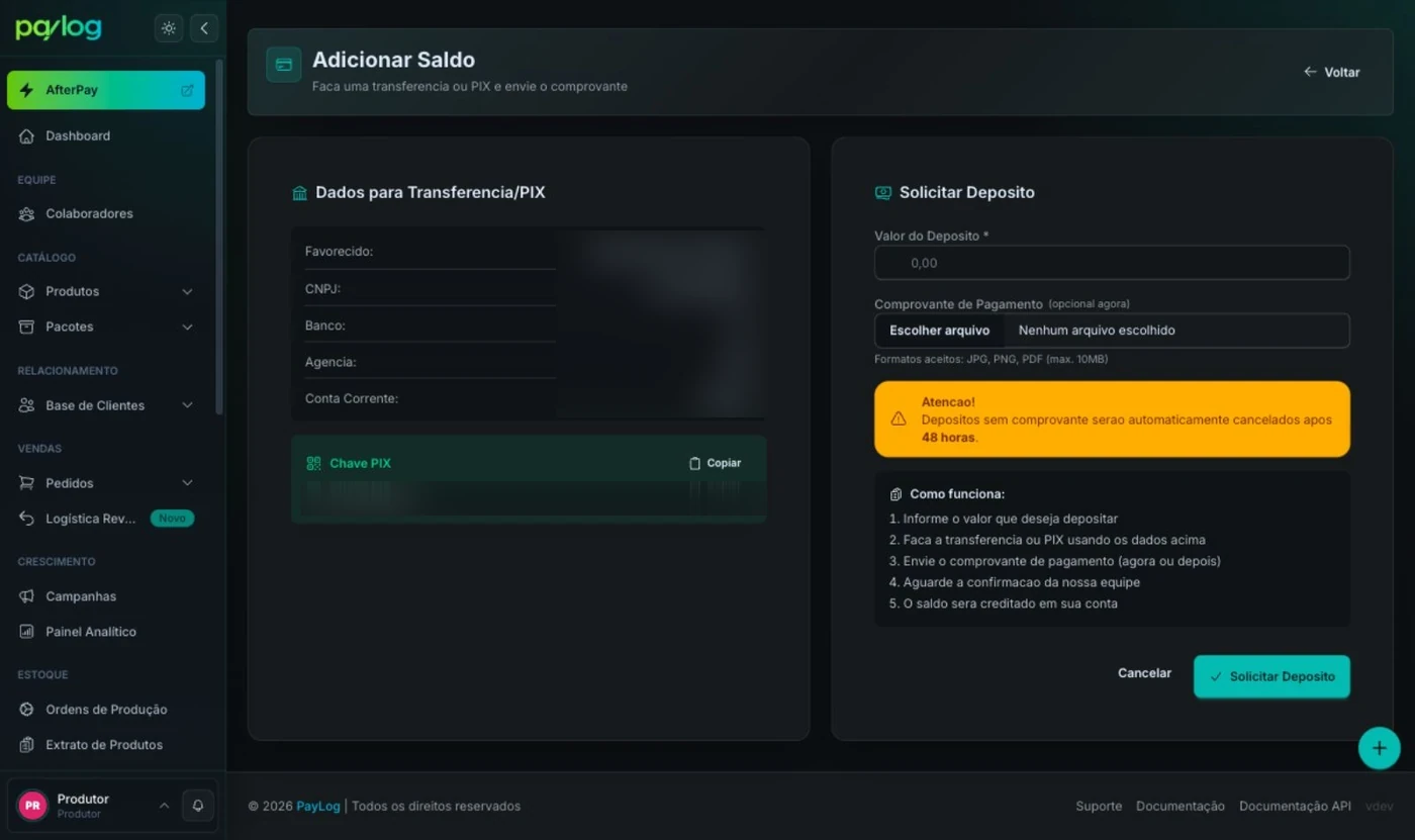 Tela Adicionar Saldo com os dados para transferência e a chave PIX à esquerda e o formulário Solicitar Depósito à direita