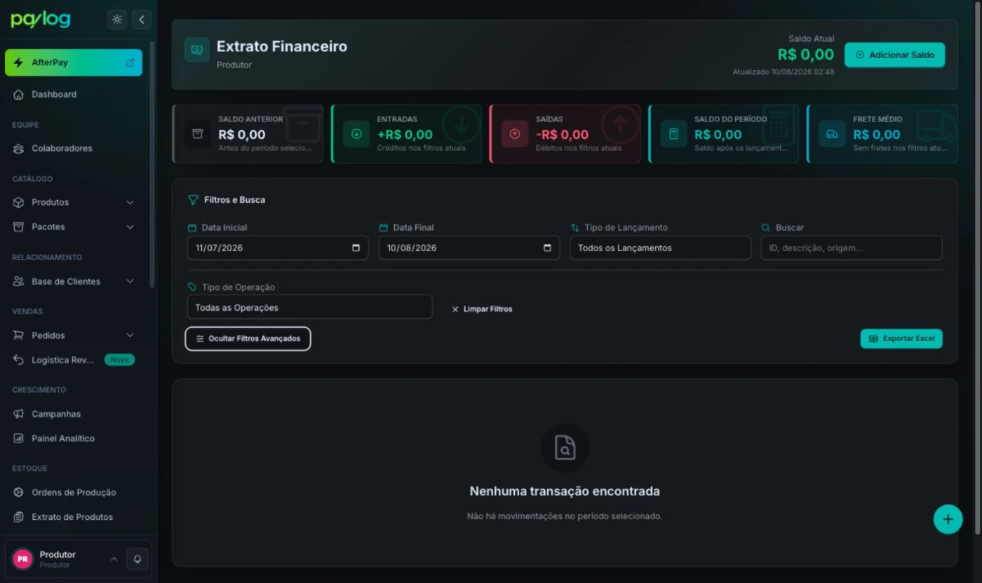 Filtros avançados do extrato financeiro abertos