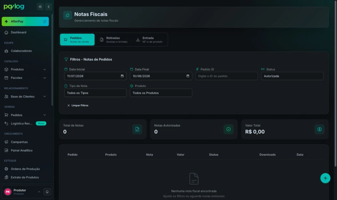Abas e filtros da tela de notas fiscais