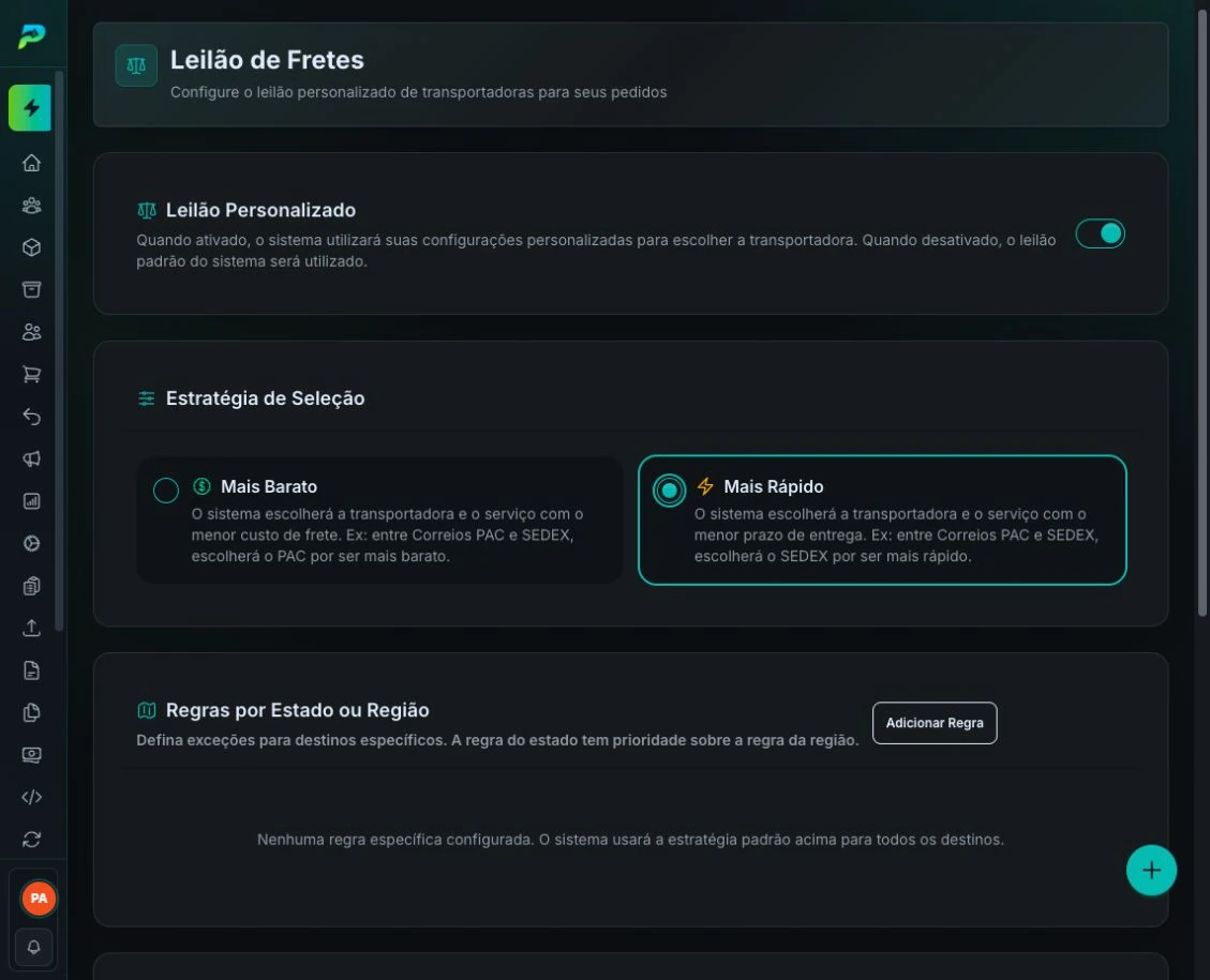 Estratégia padrão e regras por destino
