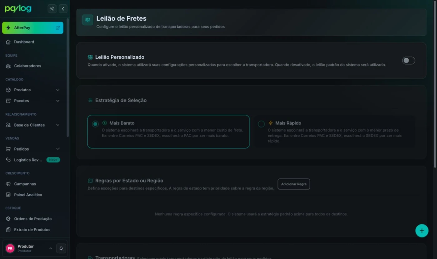 Leilão de Fretes na configuração padrão: Leilão Personalizado desativado, estratégia Mais Barato e nenhuma regra por destino