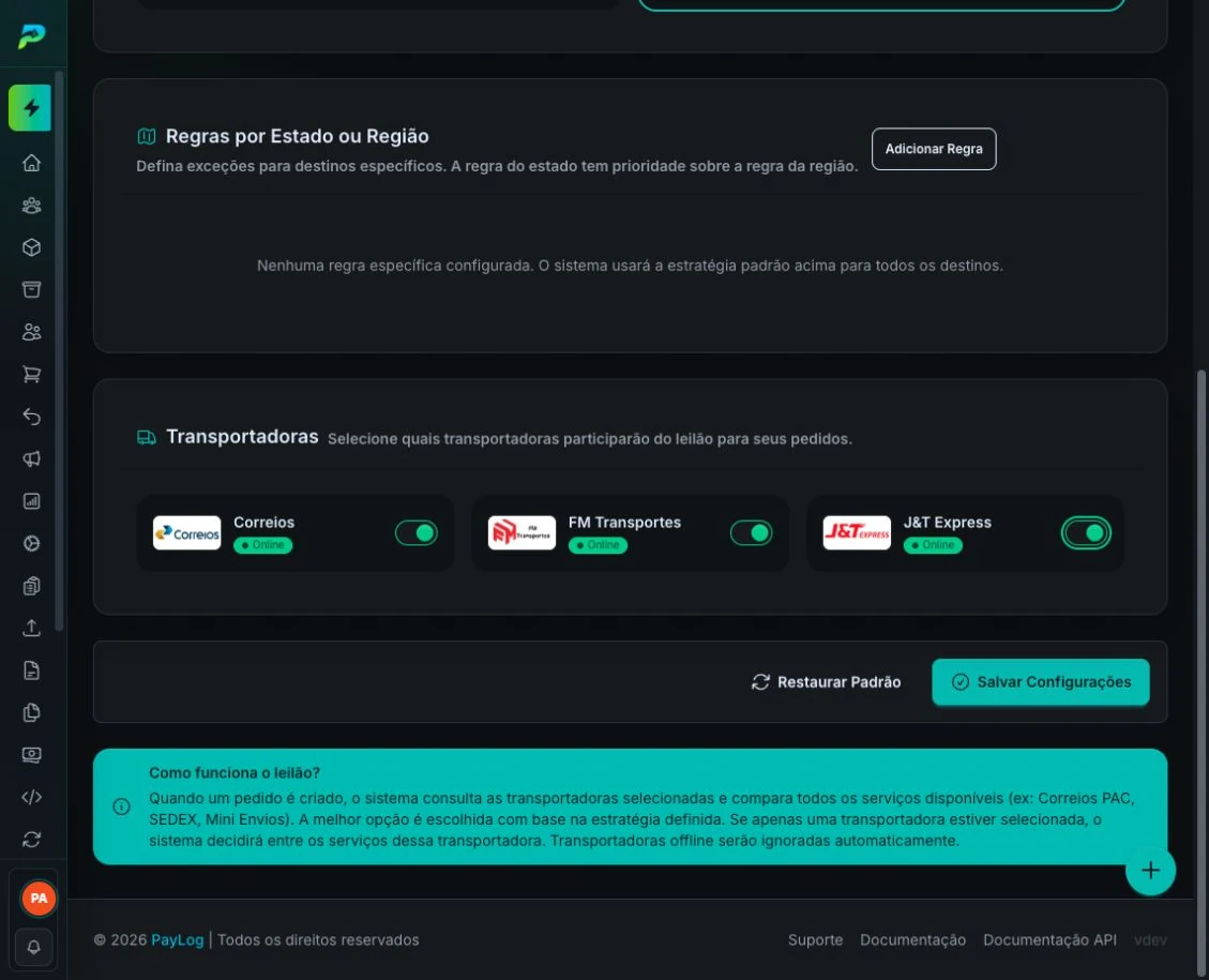 Seleção de transportadoras e botão Salvar Configurações