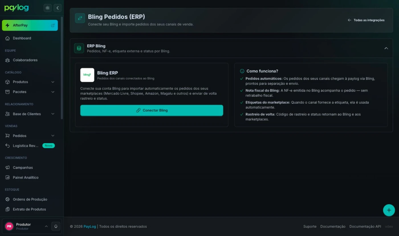 Página Bling Pedidos (ERP) no Paylog ainda não conectada, com o botão Conectar Bling e o resumo Como funciona