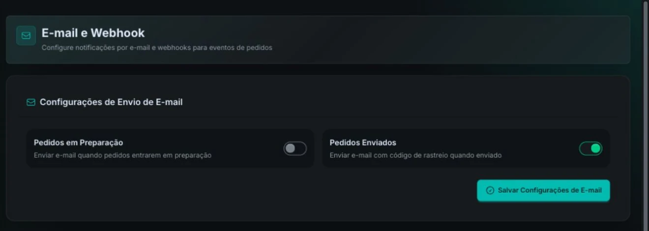 Configurações de Envio de E-mail com os toggles de notificação