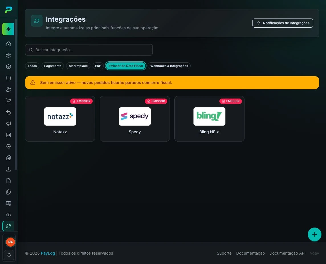 Categoria de emissores de nota fiscal nas integrações