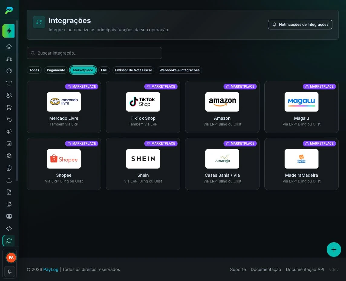 Categoria de marketplaces na tela de integrações
