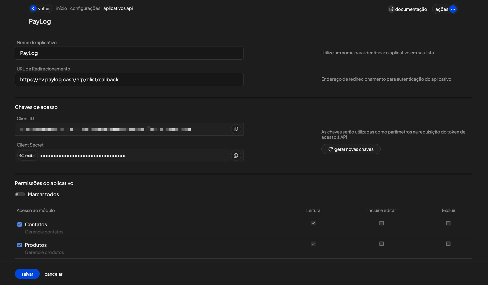 Formulário do aplicativo no Olist: nome, URL de redirecionamento, chaves de acesso e permissões por módulo