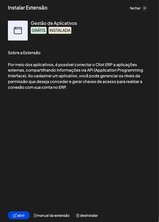 Modal de instalação da extensão Gestão de Aplicativos (grátis)
