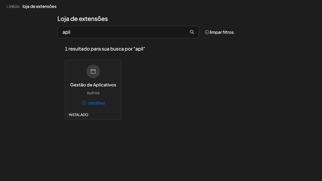 Loja de extensões do Olist — busca por "apli" mostrando a extensão Gestão de Aplicativos