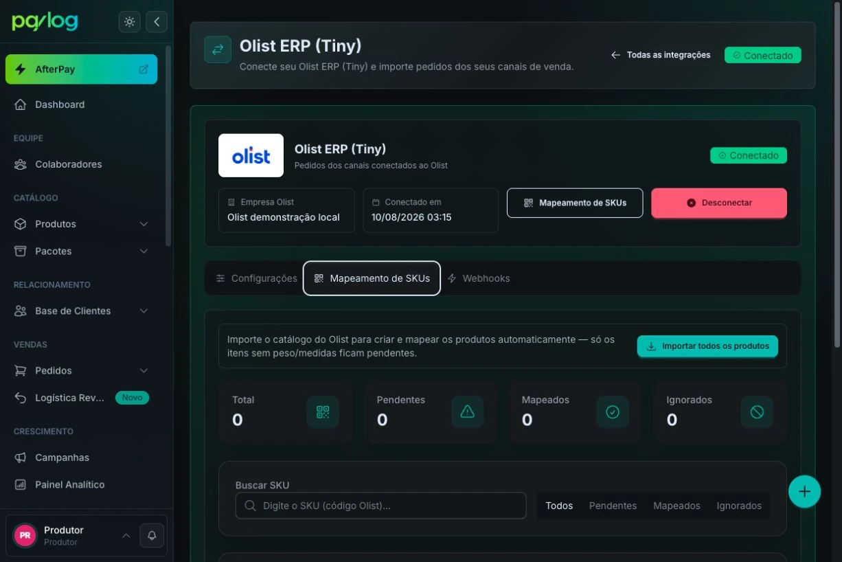 Aba de mapeamento da integração Olist conectada, com a ação de importar catálogo
