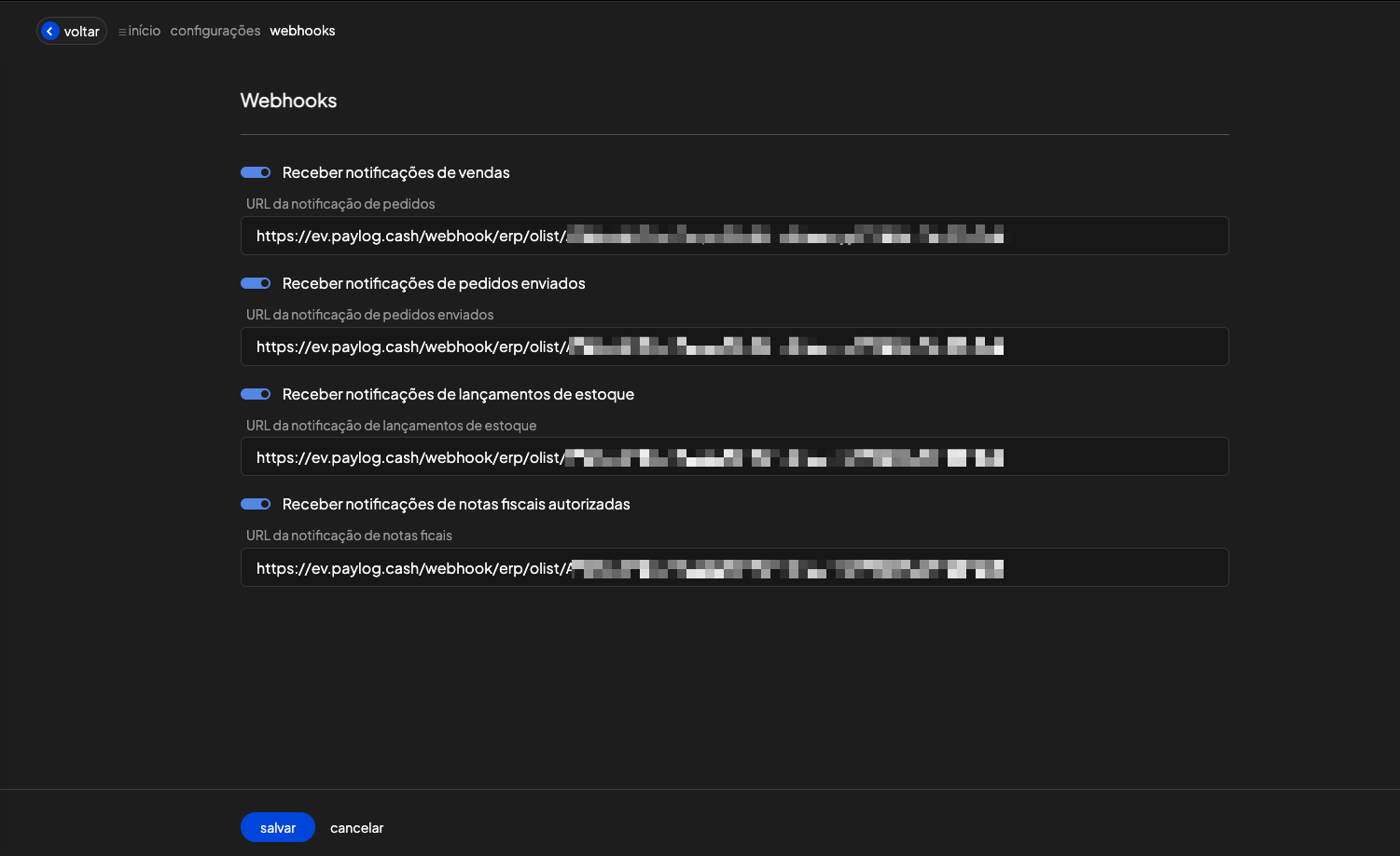 Tela de Webhooks do Olist com as notificações de vendas, pedidos enviados, lançamentos de estoque e notas fiscais autorizadas ativadas, cada uma com a URL do Paylog