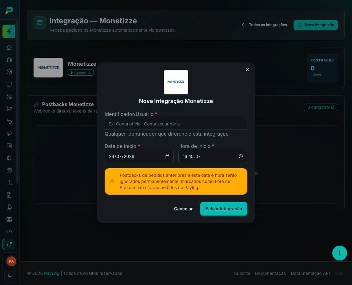 Aviso sobre a data de início da integração
