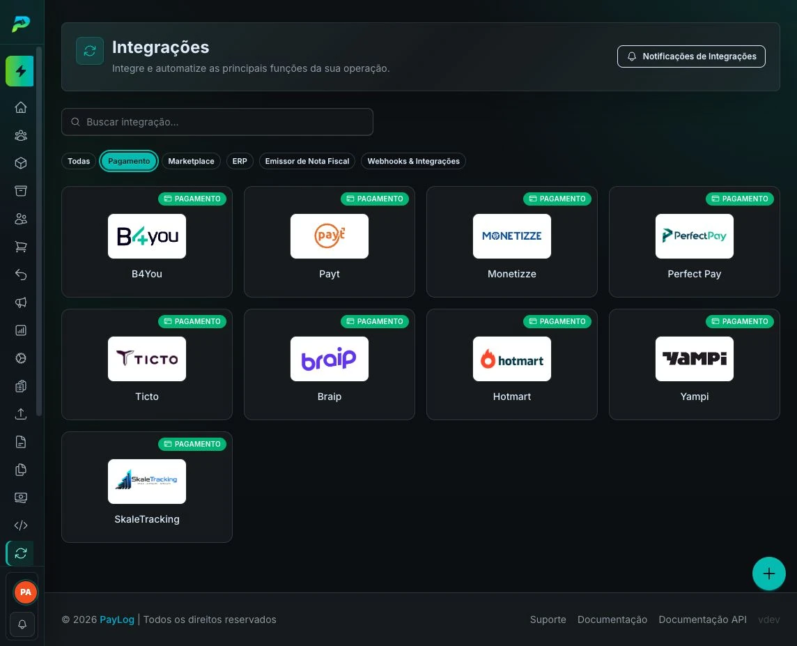 Plataformas de pagamento disponíveis no Paylog