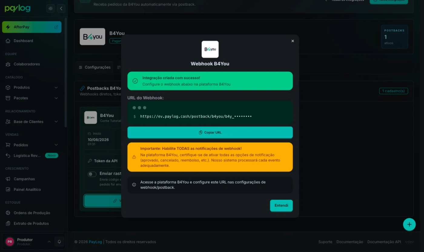 URL do webhook B4You gerada pelo Paylog