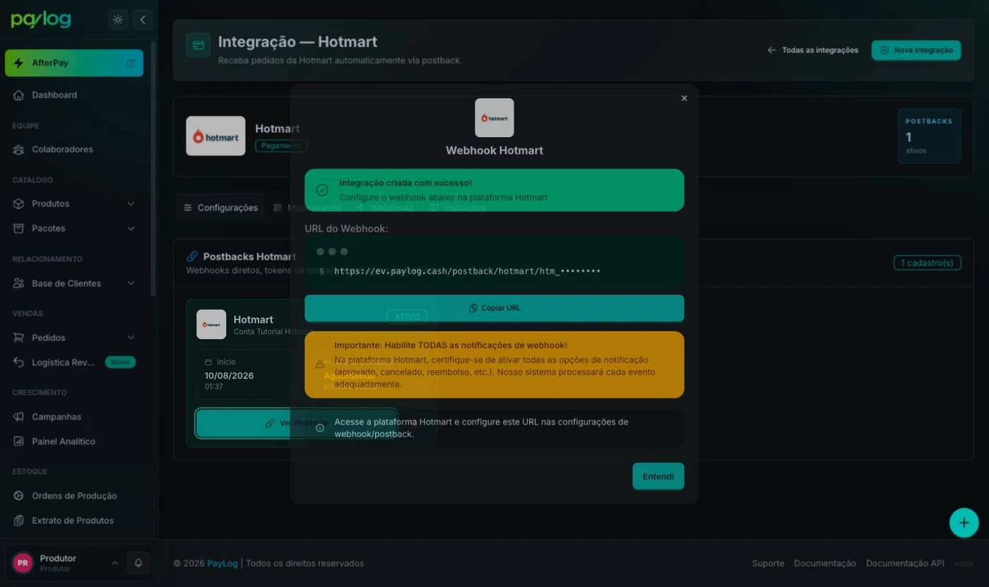 URL do webhook Hotmart