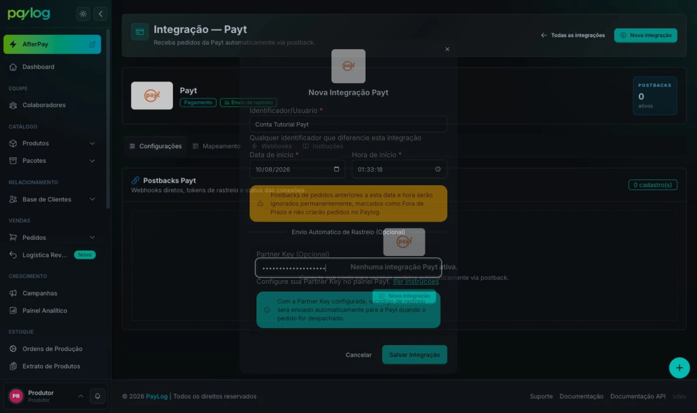 Campos para criar uma integração Payt