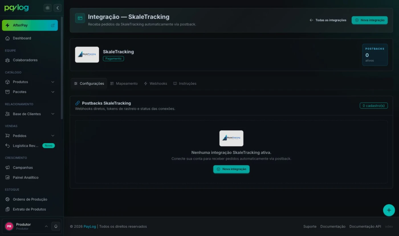 Página da integração SkaleTracking sem nenhuma conexão criada, com as abas Configurações, Mapeamento, Webhooks e Instruções