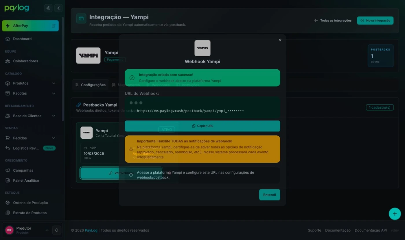 URL do webhook Yampi