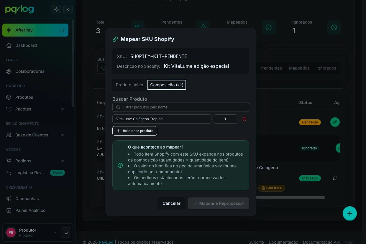 Modal para mapear um SKU à composição de um kit