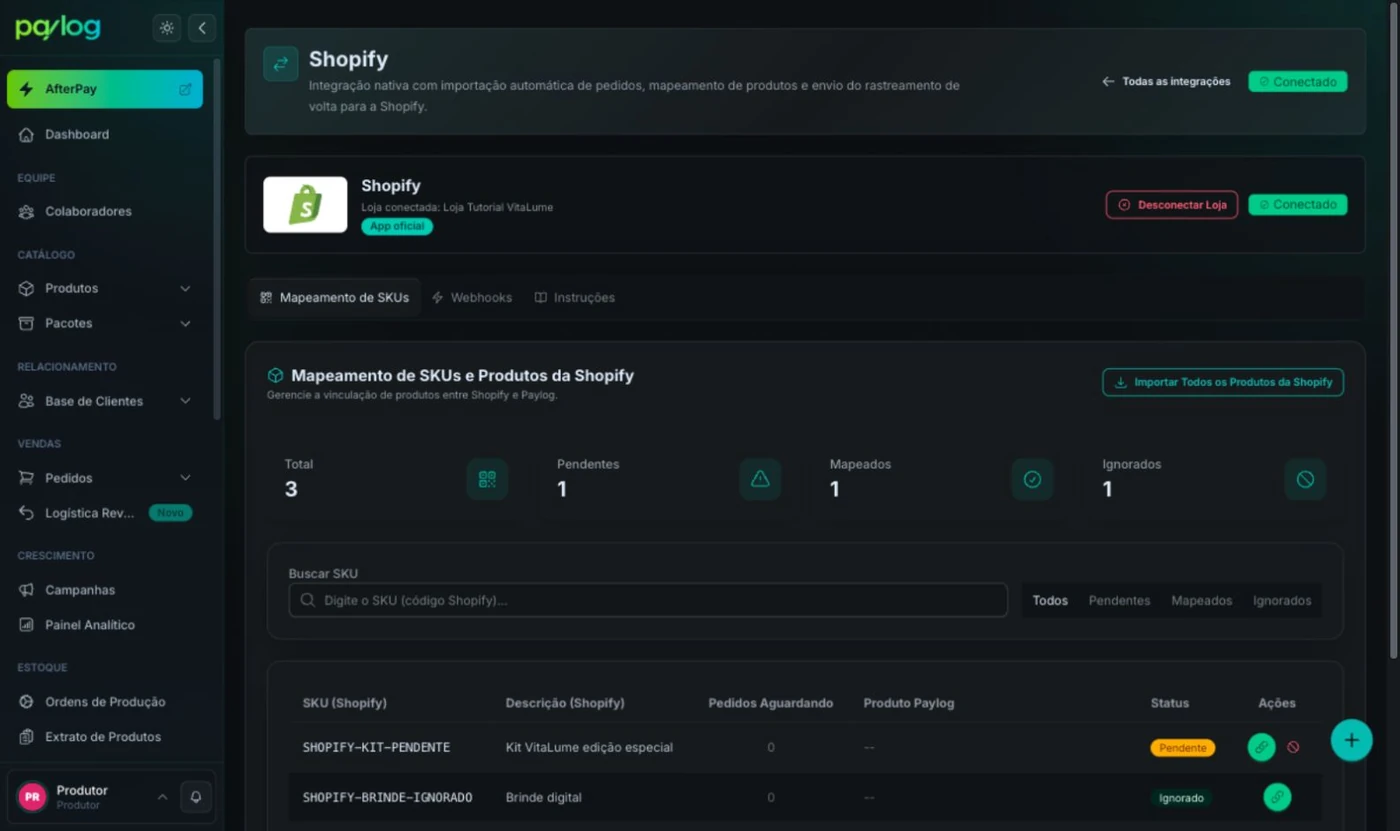 Aba Mapeamento de SKUs da Shopify no Paylog, com os contadores Total, Pendentes, Mapeados e Ignorados e a tabela de SKUs
