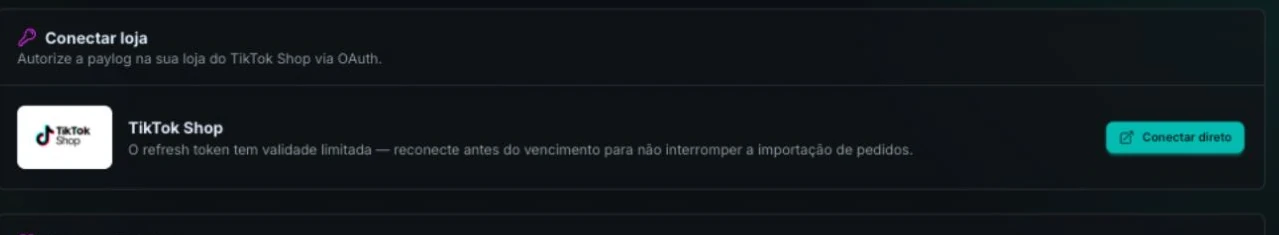 Ação Conectar direto na integração TikTok Shop