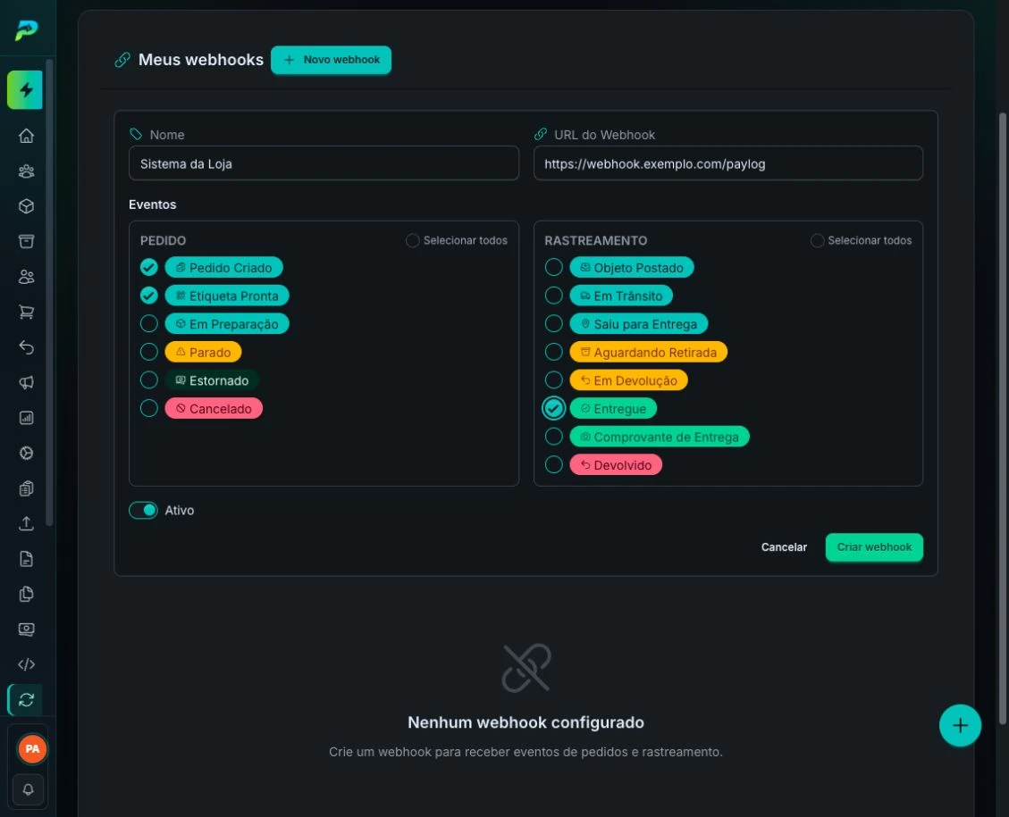 Formulário de um Webhook V2 com eventos selecionados