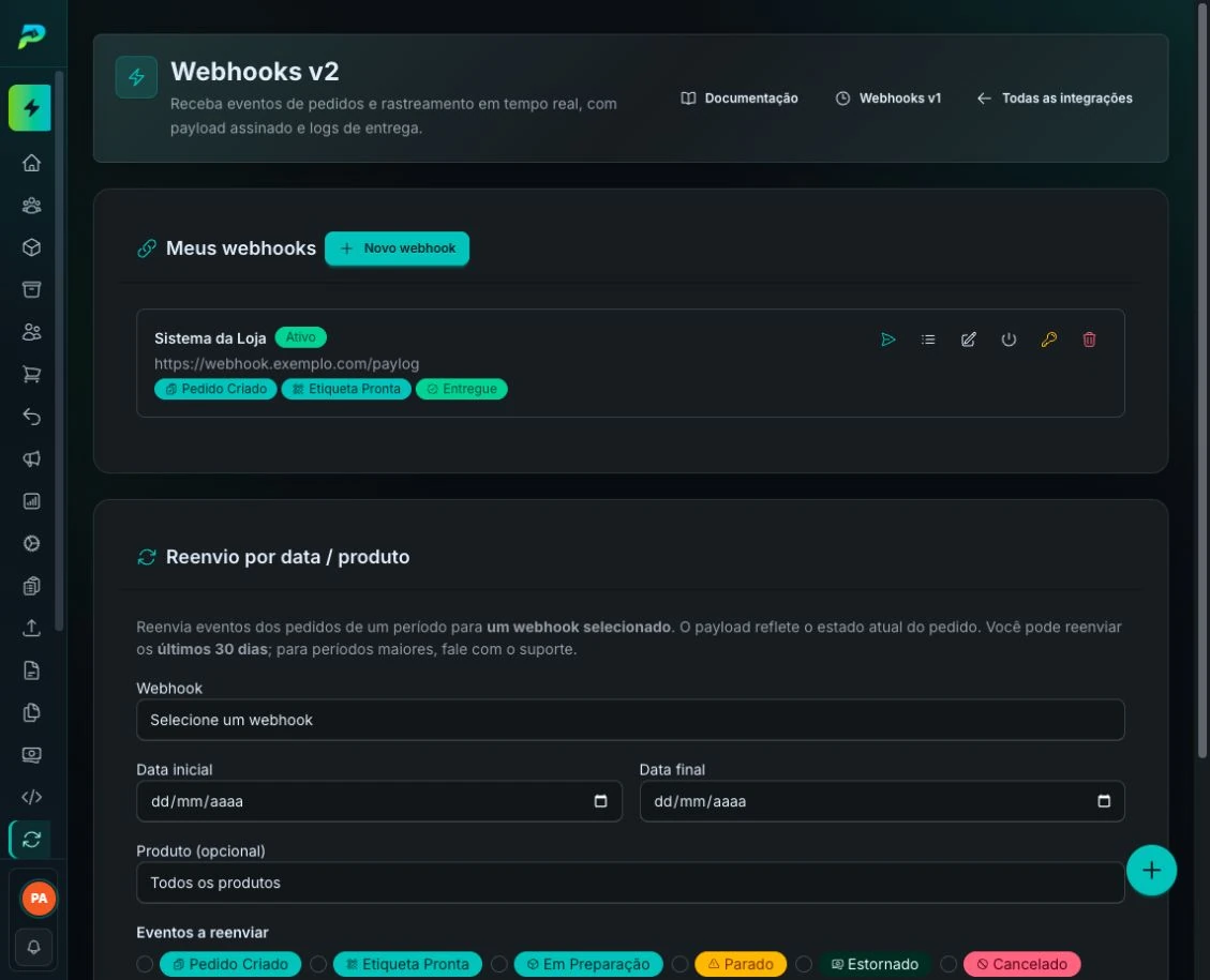 Webhook configurado e controles de reenvio