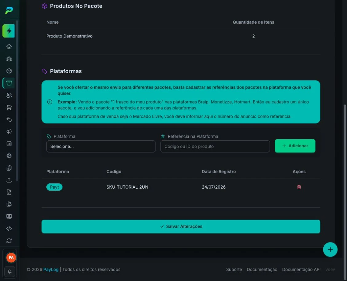 Formulário para adicionar uma referência ao pacote