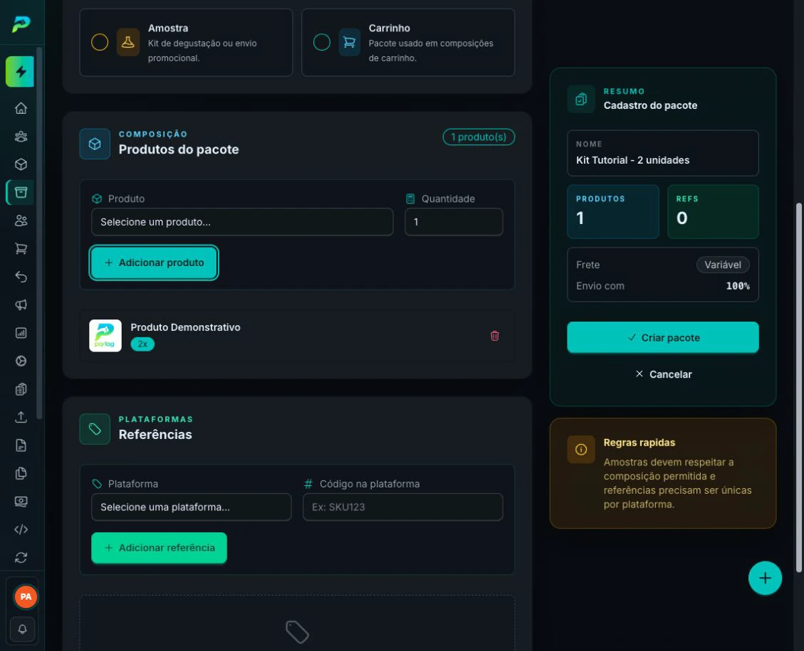 Produtos e quantidades adicionados ao pacote