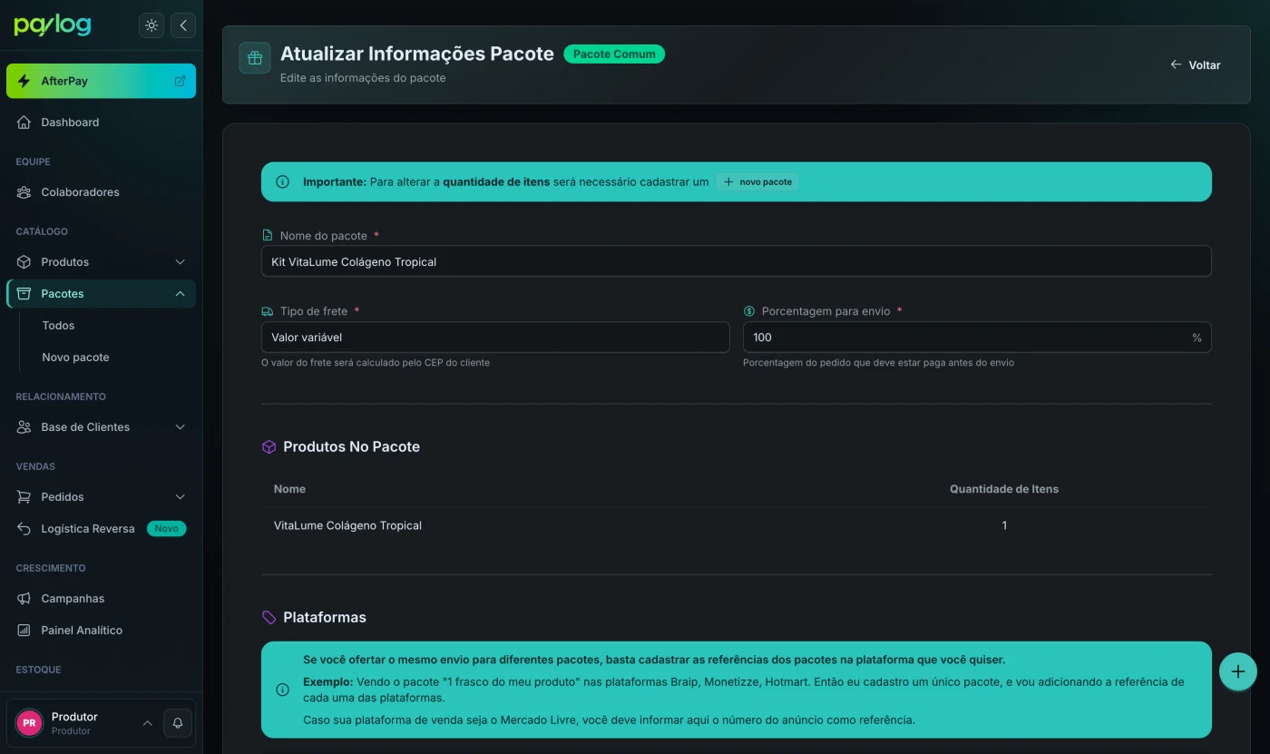 Referências cadastradas em um pacote