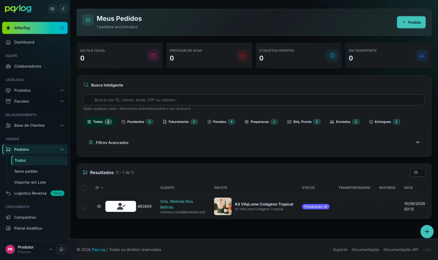 Visão geral da lista Meus Pedidos com filtros e busca