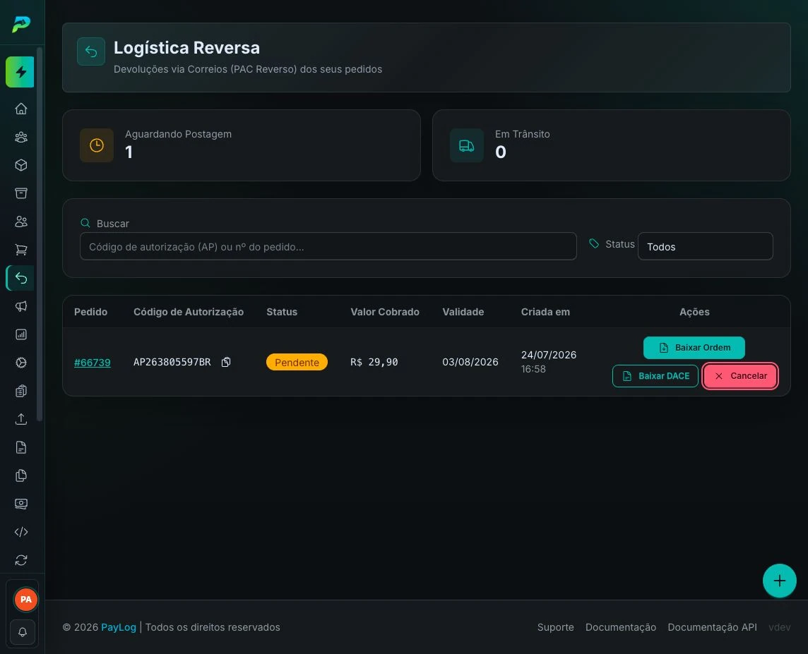 Confirmação de cancelamento da logística reversa