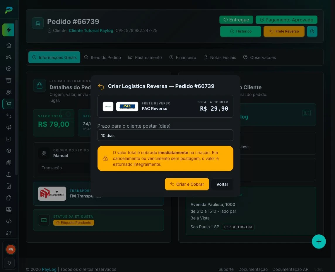 Criação de um PAC Reverso nos detalhes do pedido