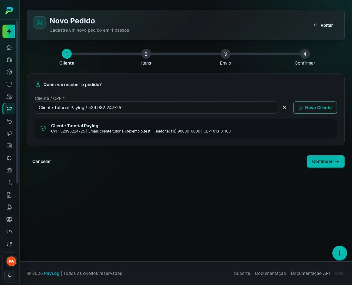 Etapa Cliente do novo pedido manual