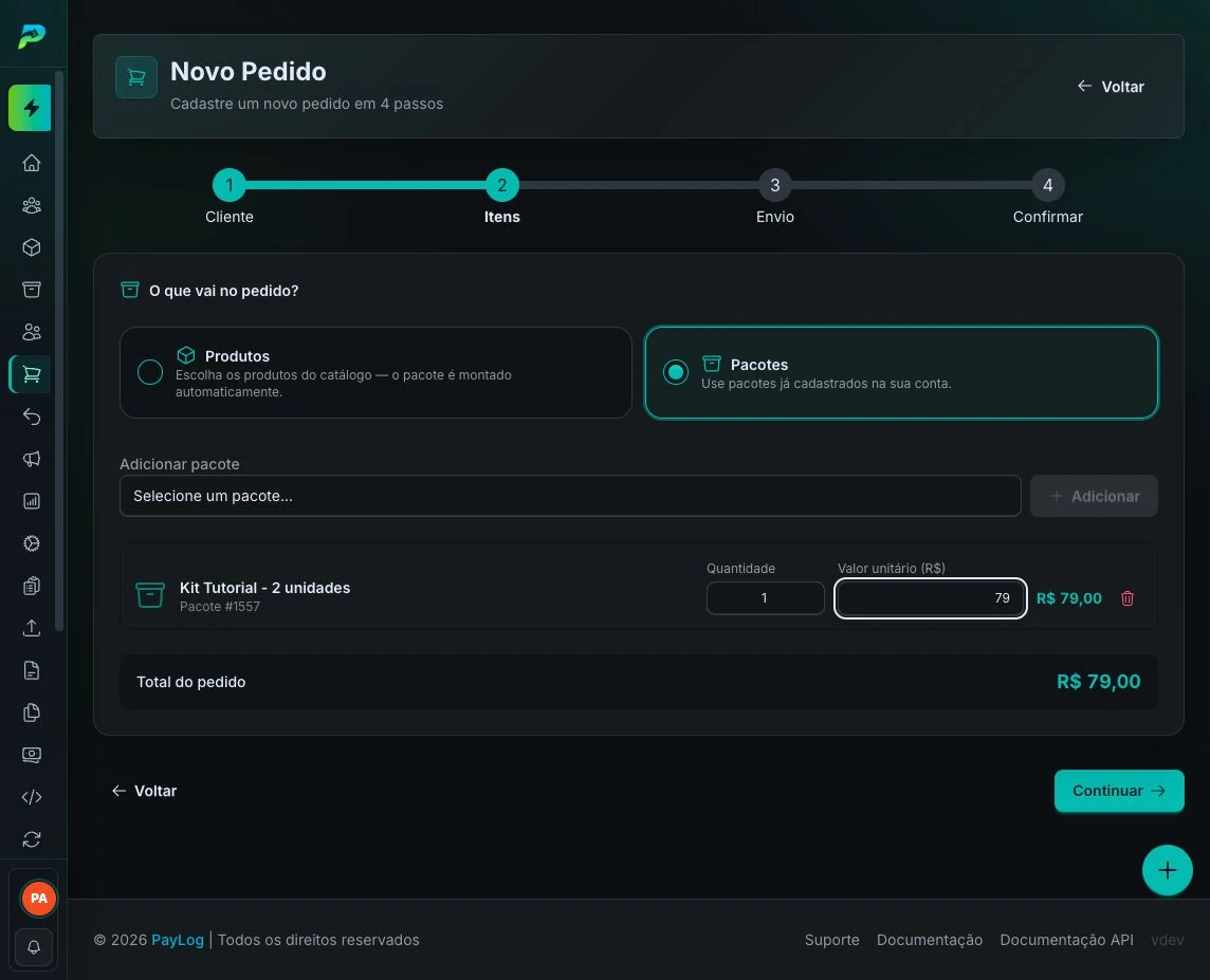 Pedido manual usando um pacote cadastrado