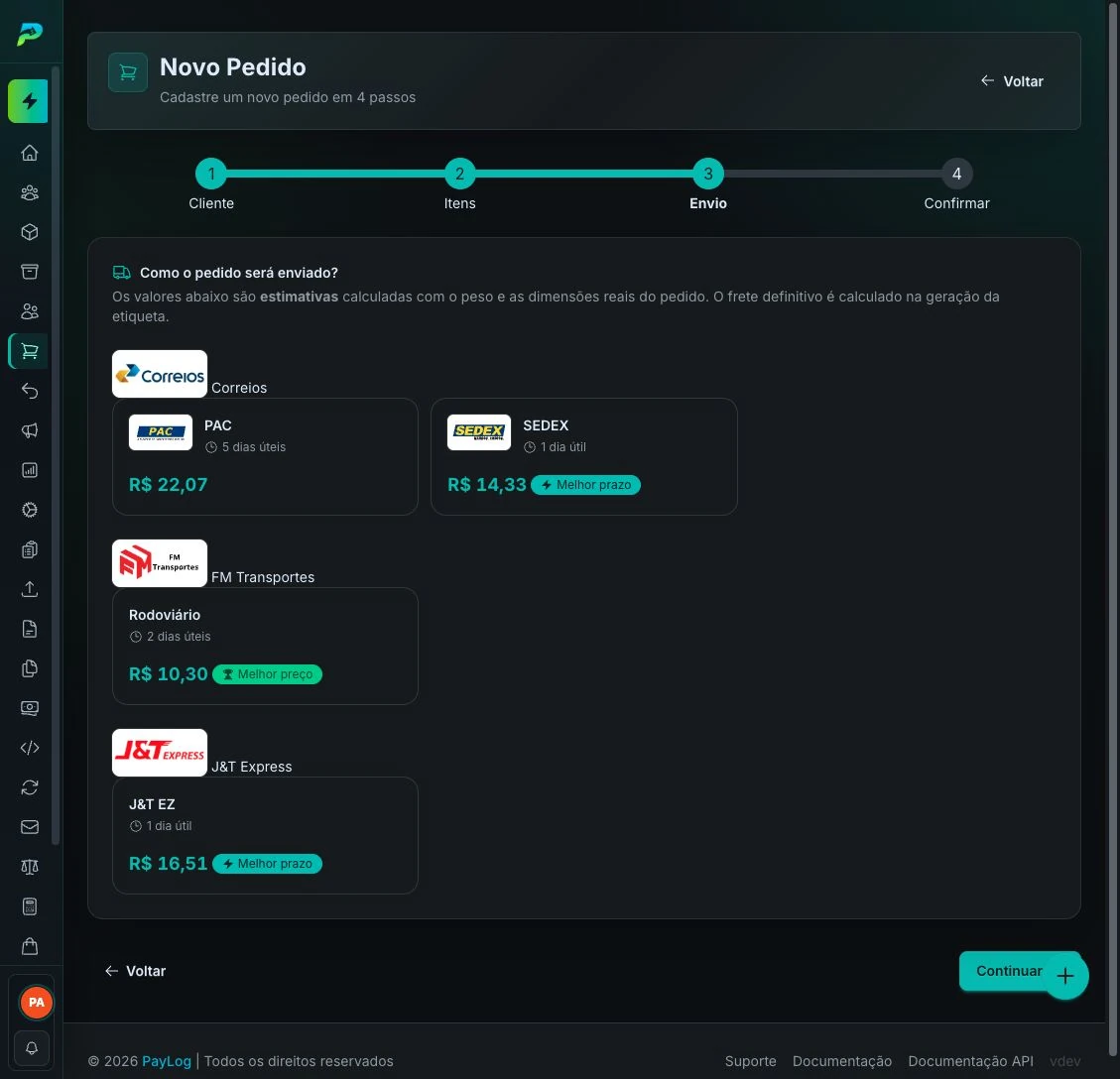 Etapa Envio com as cotações disponíveis