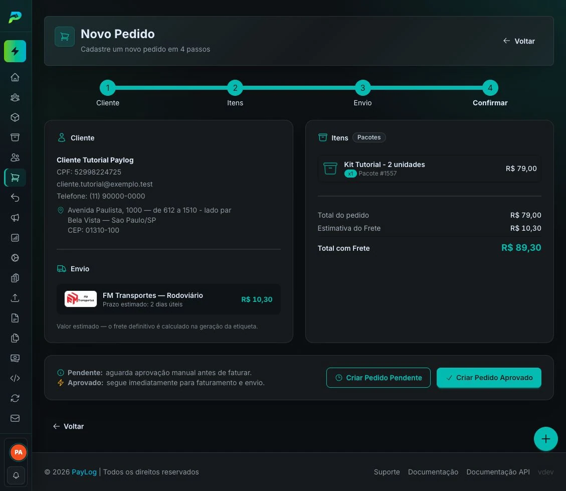 Resumo para confirmar o pedido manual