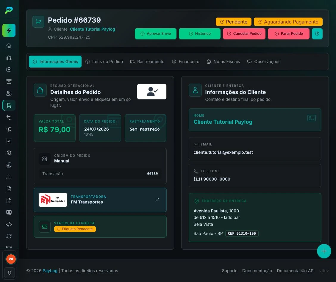 Detalhes de um pedido manual pendente, com a ação Aprovar Envio no cabeçalho
