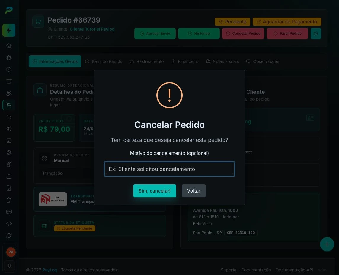 Confirmação para cancelar o pedido