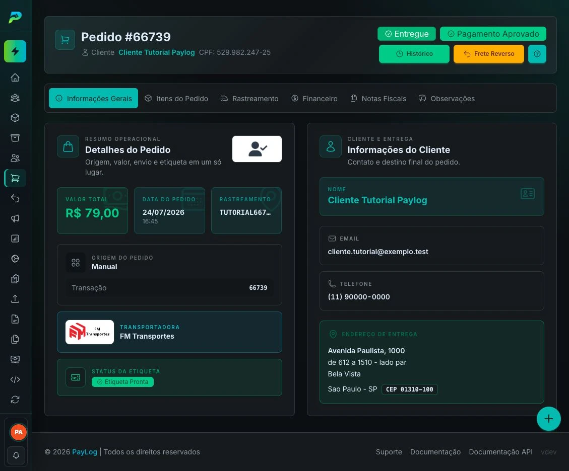 Informações gerais de um pedido processado