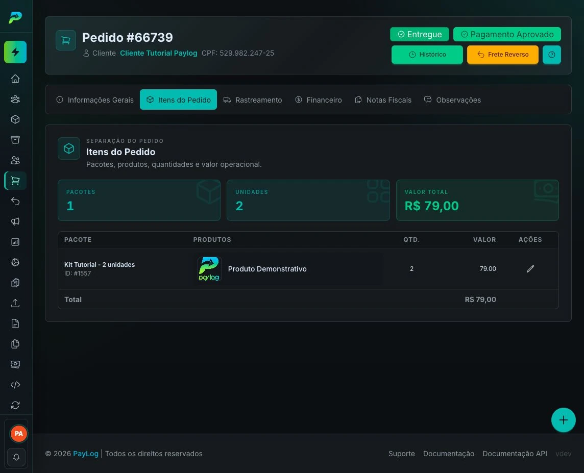 Itens e quantidades do pedido